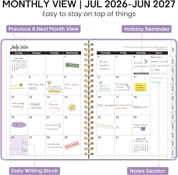 Academic Planner 2026-2027, Weekly and Monthly Calendar Planner Book, July 2026 – June 2027, Hardcover Organizer with Tabs, Perfect for Teachers, Students, Women & Men, A5 (6.4" x 8.5") - Lavender