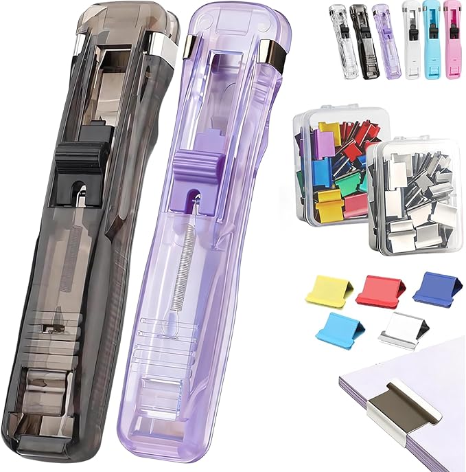 Portable Binder Clip Stapler - Includes 100 Reusable Clips, No Staples, No Holes,Push Clip Paper Clam Dispenser, Reusable Desktop Stapler for Document Home School (2-D)