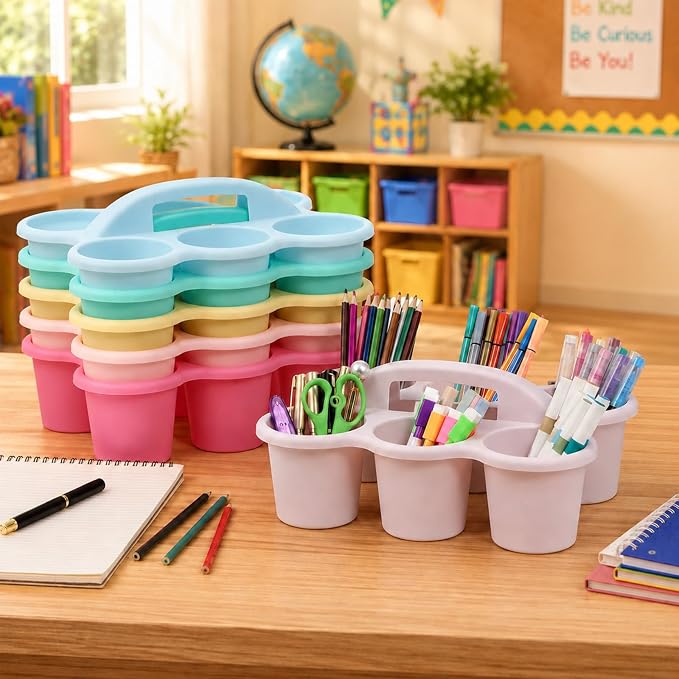 Plastic Caddy with Handle Set of 6 Classroom Caddy Organizer Cup Caddies Water Bottle Storage Crayon Caddies Plastic Cup Holder Drink Carrier for School Home Office Supplies (Pink Purple)