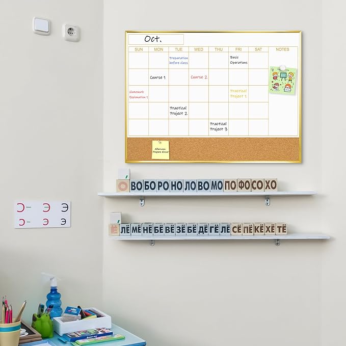 Dry Erase Calendar Whiteboard for Wall, 24'' x 18'' Monthly White Board Planner with Gold Frame and Corkboard, Magnetic Hanging Wipe Board for Home Office School Dorm