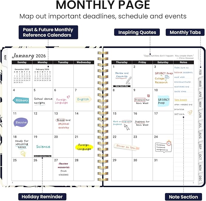 2026 Planner, Weekly and Monthly Calendar Planner for Women, Jan 2026 - Dec 2026, Hardcover Planning Agenda book with Tabs, Spiral Bound, Inner Pocket, Perfect for School Office Supplies, 6.3" x 8.5" - Simple Daisy
