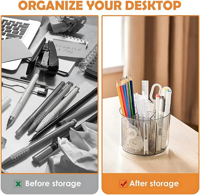 360 Degree Rotating Desk Organizer, Dual-Purpose Pencil Pen Holder, Rotating Desk Pen Organizer with 5 Compartments, Marker Caddy Pencil Cup for Office, Home, School (Clear)