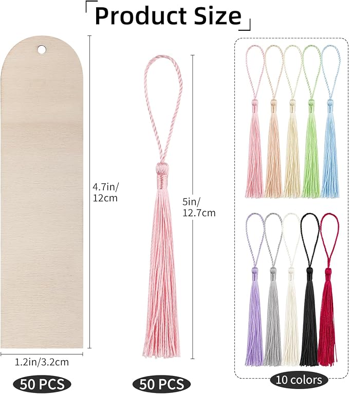 100Pcs Unfinished Wooden Bookmarks with Colorful Tassels, 1.25"x4.7" DIY Blank Ornament Wooden Bookmarks Kit for Wedding Favors, Christmas Gifts, Birthday Party & Kids’ Art Projects