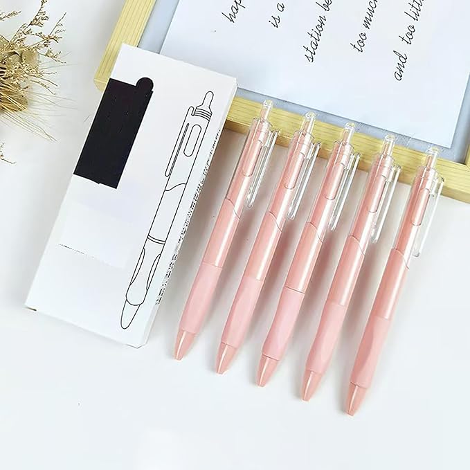 Gel pen, 0.5mm ink pen, click pen, quick-drying ink pen, 10 pieces (Pink shell and black refill)