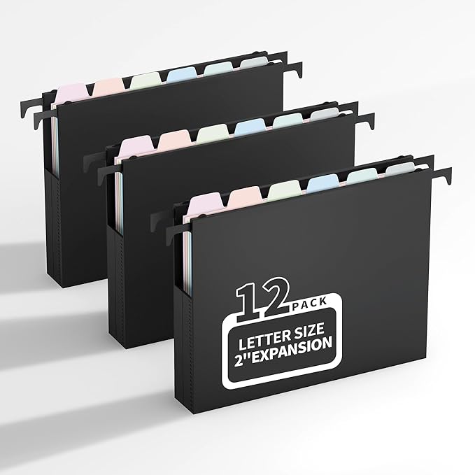Uquelic Plastic Hanging File Folders Letter Size, 12 Pack Reinforced Heavy Duty Hang Folder with Movable Pastel Dividers, Adjustable Tabs, 2" File Organizer for Filing Cabinet, School, Office