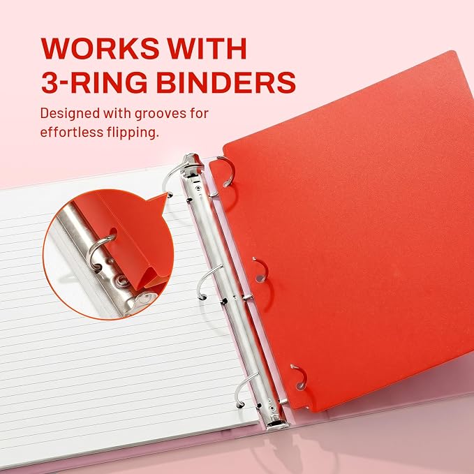 SUNEE 3 Hole Pocket Folders (1 Pack, Red), Plastic Pocket Folders for 3 Ring Binder, 3-Hole Punched Folder with Pockets, for Kids, Students, Teachers, Office Staff