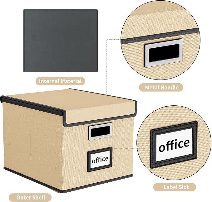 File Organizer Box with Lid, Collapsible File Folder Organizer for Office Document Storage, Filing Box with Plastic Slide for Letter Size Hanging File Folders(1 Pack, Brown)