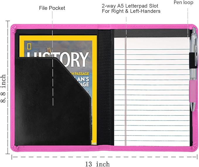 Padfolio/Portfolio Binder, Mini Padfolio Portfolio Binder 5 x 8 Legal Writing Pad, A5 Document Organizer Folder for Men Women, Rose Red