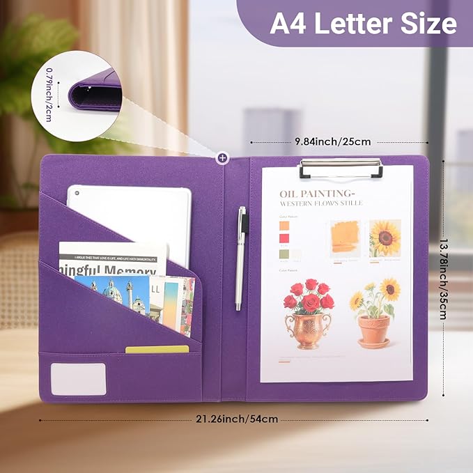 Professional Portfolio Binder, Faux Leather Padfolio for Resume, Note-Taking & Meetings, A4 Letter Writing Pad Holder for Women & Men, Purple