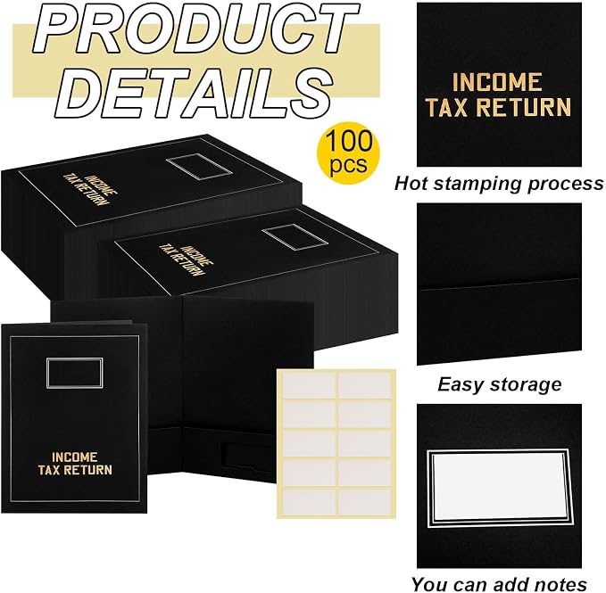 Kisston 100 Pcs Tax Return Folders Bulk 2 Pocket Gold Foil Stamped Income Tax Folders with Labels Business File Office Blank Organizer (Black)