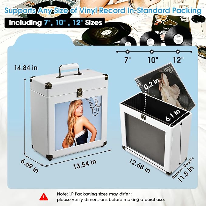 Hododou Vinyl Record Storage Box with Lock Record Organizer Storage for 30+ Single Records 12-inch Water Resistant Collapsible Storage Crate with Lid Handle Mesh Pouch for Vinyl Collect Acrylic White