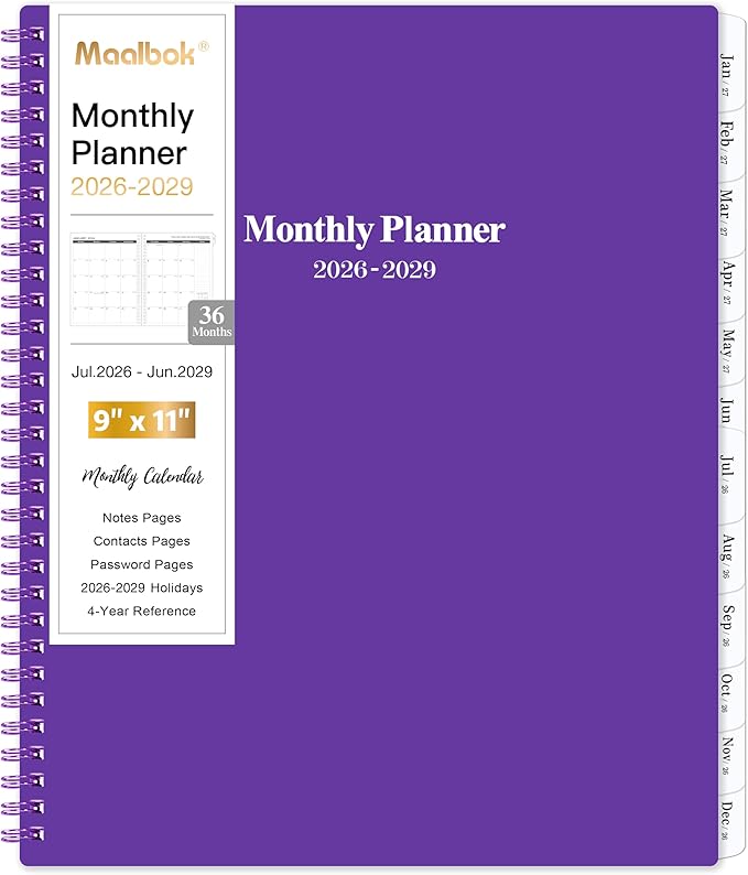 2026-2029 Monthly Planner/Calendar - JUL 2026 - JUN 2029, 3 Year Months Planner 2026-2029, 9'' x 11'', 2-Side Pocket, 36 Monthly Tabs, Purple
