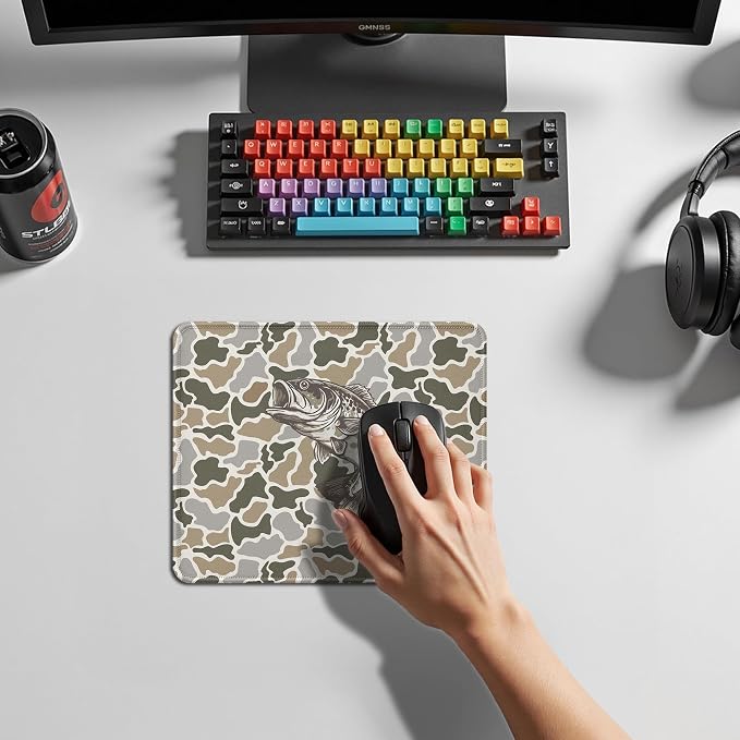 Vintage Camo Fish Mouse Pad, Fishing Gifts for Men, Wildlife Bass Fish Animal Mouse Pad for Home Office Computer Gaming Desk Essentials, 9.5x7.9 Inch