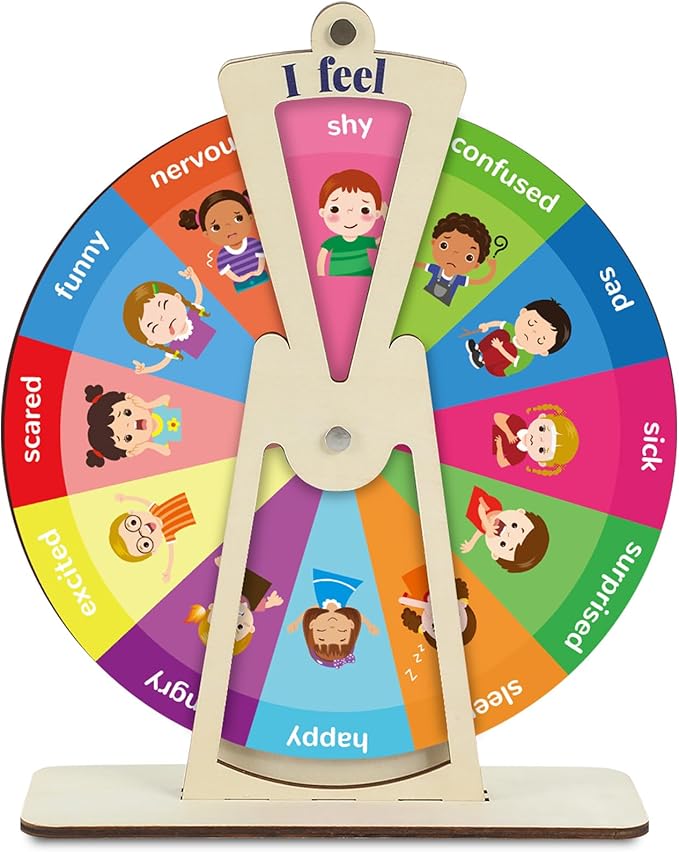 Wooden Feelings Wheel Emotion Wheel with Stand 9.5Inch Therapy Office Desk Decor Expression Emotions Chart Mental Health Gifts Therapist Must Have Feelings Poster Sign Emotional Psychology Tool Decor
