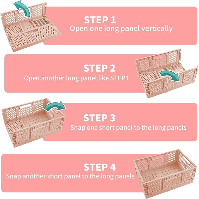 Domiella 4-Pack Crates for Storage, 16x12x6 Stackable Crate Plastic, Folding Bins for Office Home Kitchen Bedroom Bathroom, Blue