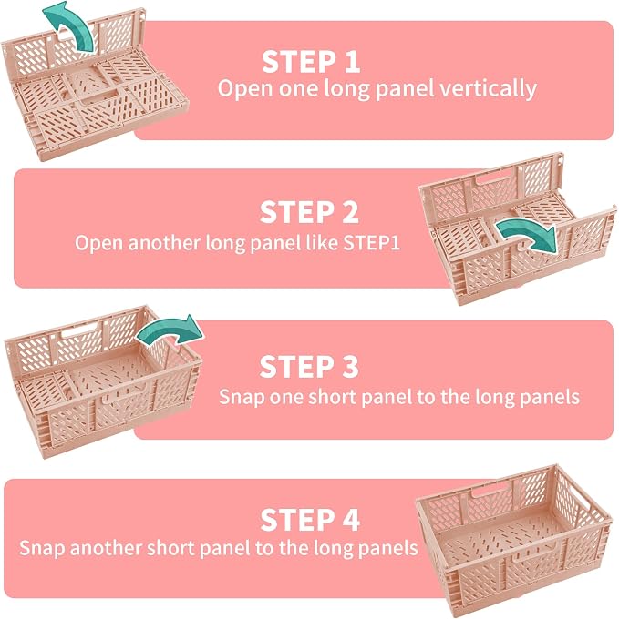 Domiella 4-Pack Crates for Storage, 16x12x6 Stackable Crate Plastic, Folding Bins for Office Home Kitchen Bedroom Bathroom, Blue