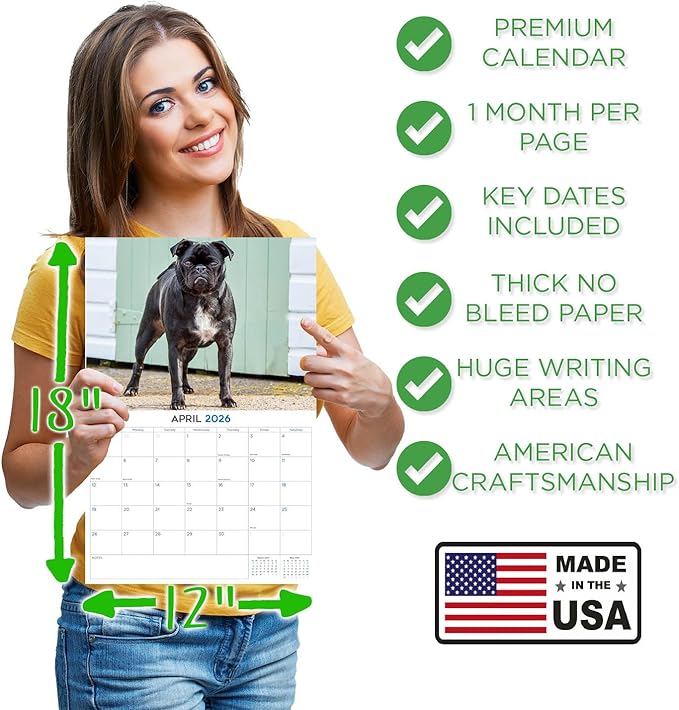 2025 2026 Pug Calendar - Dog Breed Monthly Wall Calendar - 12" x 18" Open - Thick No-Bleed Paper - Giftable - Academic Teacher's Planner Calendar Organizing & Planning - Made in USA