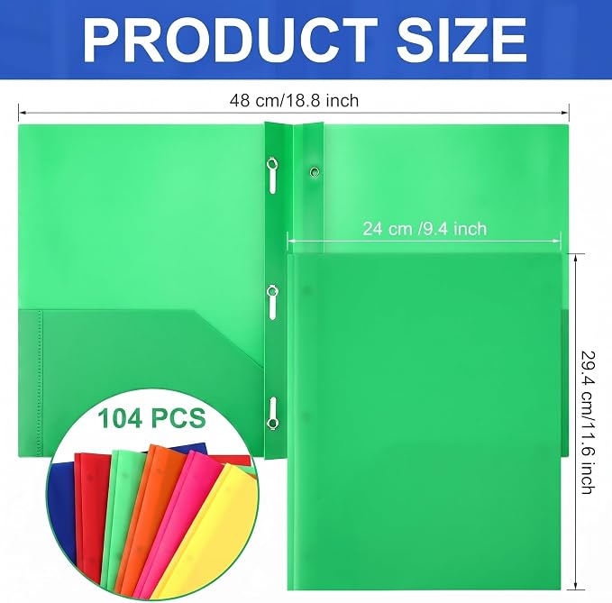 Cholemy 104 Packs Pocket Folders with Prongs Heavy Duty Plastic Folder with Business Card Slot 3 Prong Fasteners for School Office (Vivid)