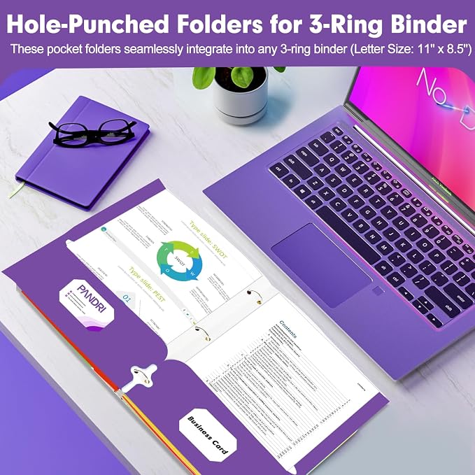 Two Pocket Portfolio Folders, PANDRI 60 Pack 3 Hole Punched 2 Pocket Folders for 3 Ring Binder, Letter Size Paper File Folder for School Office Home Business, Purple