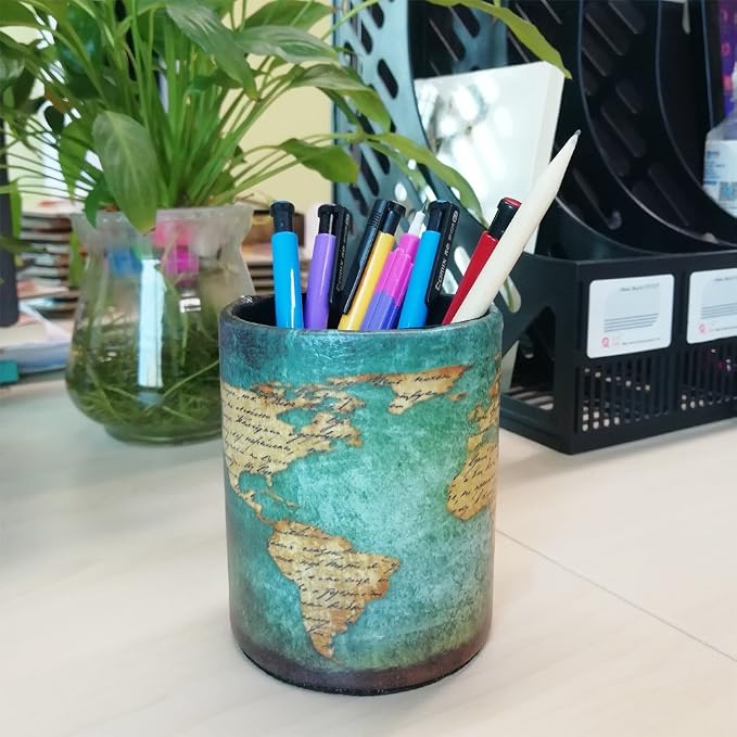 DreamsEden Vintage Pen Pencil Holder Cup Retro Pattern Desk Organizer for Home Office Bedroom (Blue World Map Round)