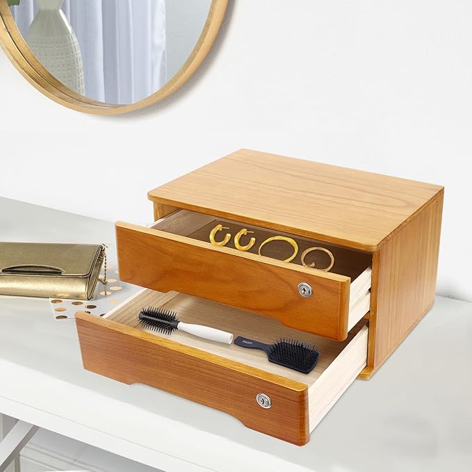 Lockable Desk Organizer Wooden Desktop Drawers Office Flat Files Storage Box Locking Countertop Storage Cabinet (Wood Yellow, 2-Tier)