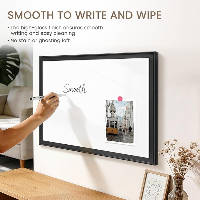 White Board for Wall, 24" x 18" Magnetic Dry Erase Board, Decorative Wooden Frame Large Whiteboard, Wall Mounted, Aesthetic Writing Board for Home, Office, School - Black