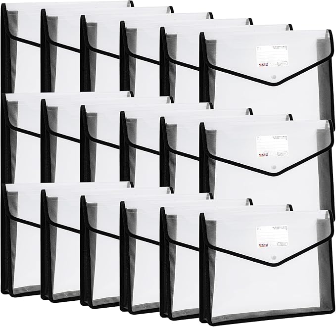YoeeJob Plastic File Folders Legal Size Expandable Document Folder with Snap Button Closure, A4 Expanding File Wallet Envelopes Pouch with Label Pocket, 18 Packs, Black