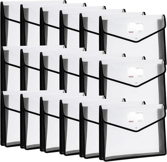 YoeeJob Plastic File Folders Legal Size Expandable Document Folder with Snap Button Closure, A4 Expanding File Wallet Envelopes Pouch with Label Pocket, 18 Packs, Black