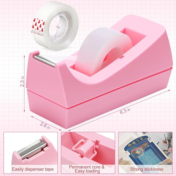 Yahenda 10 Pack Pink Desktop Tape Dispenser Non Skid Base with 0.7 x 985 Inches Invisible Tape Refills Bulk Weighted Roll Dispenser for Office Home School