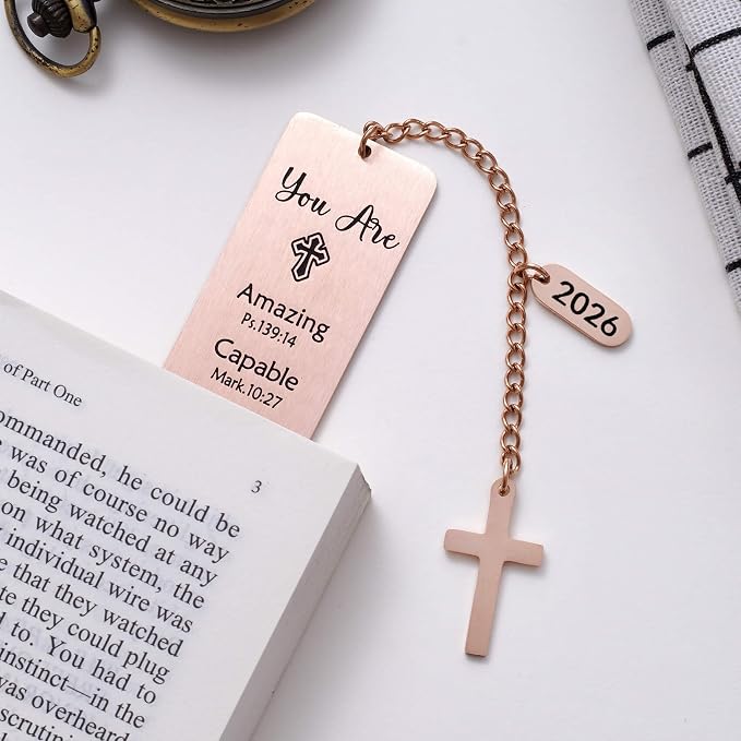 Christian Metal Bookmark with Bible Verses, Faith-Based Gift with 2026 Charm, Faith Affirmation Gift, Motivational Religious Scripture Reading Accessory for Women Men, Rose Gold