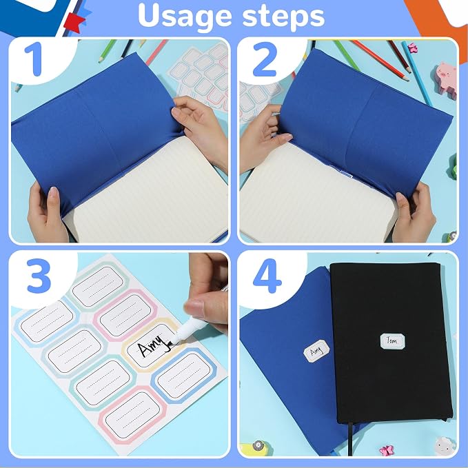 QOUBAI Jumbo Stretchable Book Cover 7PCS Reusable Fabric Book Cover with Label 9x11in Black Blue Green Red Protective Sleeve Hardcover Book Textbook Cover for School Fit Most Book Size Up to 10x12.5in