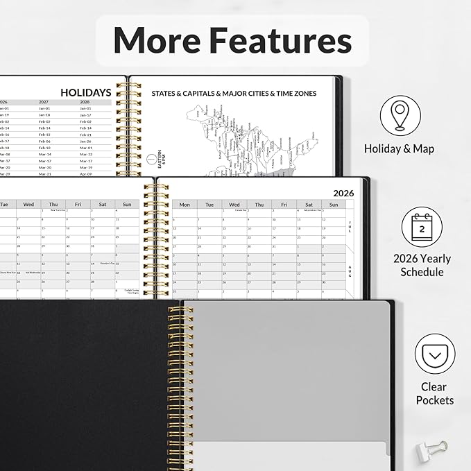 SUNEE 2026 Weekly and Monthly Planner - from January 2026 - December 2026, Daily Agenda Planner with Monthly Tab, Flexible Cover, Note Pages, Pockets, Bookmark, Spiral Binding, Black, 6.4" x 8.3"