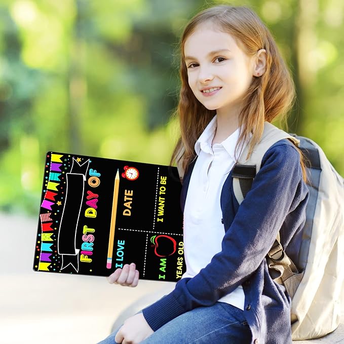 First Day of School Signs, 10 x 12 Inch Double Sided Back to School Board for Kids/Girls/Boys, Reusable Wooden 1st & Last Day of Preschool/Kindergarten Chalkboard