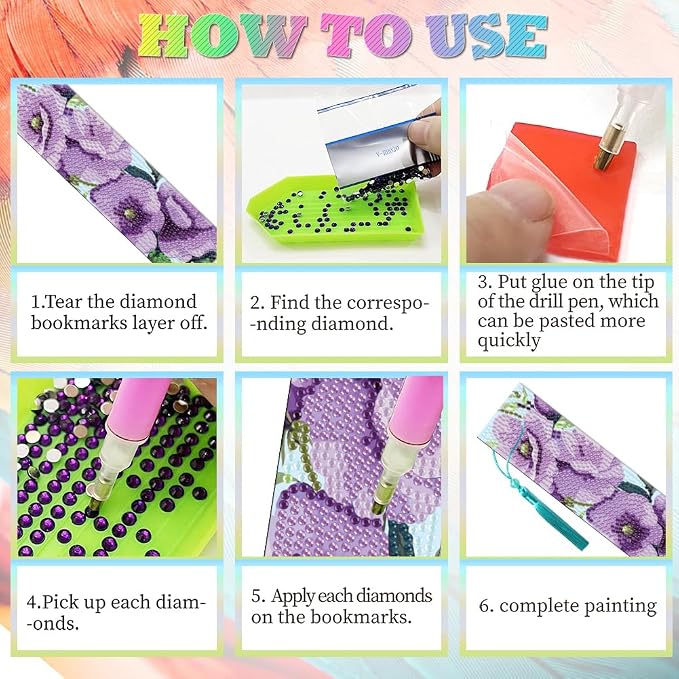 6Pcs Flower Butterfly 5D Diamond Art Bookmarks Sunflower Paeony Roses Floral Diamond DIY Painting Bookmarks Rhinestones Beaded Acrylic Tassel Bookmark for Adult Beginner Crafts