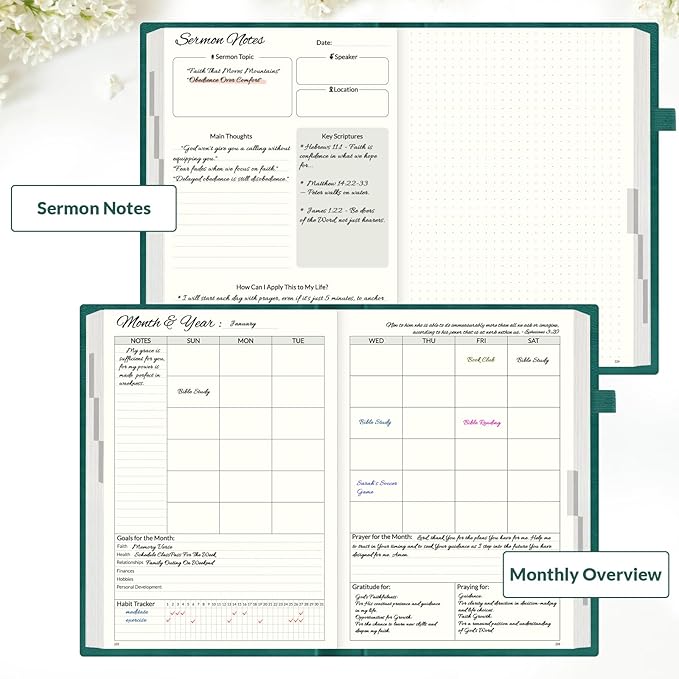 SUNEE Christian Bible Study & Prayer Journal – Undated 6-Month Scripture Notebook for Daily Devotional & Faith Growth, Meaningful Religious Gift for Women, Men, Pastor or Graduation (Pacific Green)