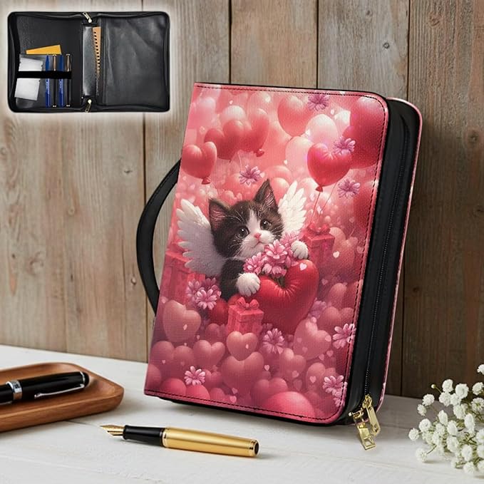Leather Bible Cover for Girls and Women, Book Case Church Bible Protective with Handle and Zippered Pocket,Balloon Heart Cat,Large