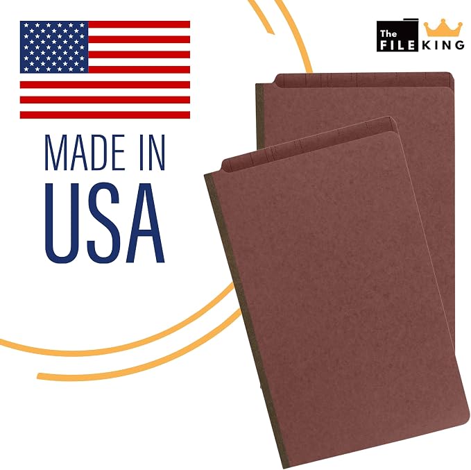 The File King Classification Folders 2 Dividers Legal Size - 10 Pack, Brick Red Pressboard | End Tab Legal File Folders with Prongs | Made in America | 2" Expansion for Shelf Filing | 6 Fasteners