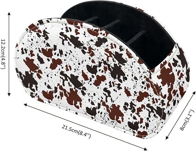 FUSURIRE Vintage Cow Print Tv Remote Controllers Holders for Desk Bed Couch Sofa, PU Leather Desk Storage Box Cosmetic Cup Multi-functional Pencil Holder, Cow Home&Office Accessories