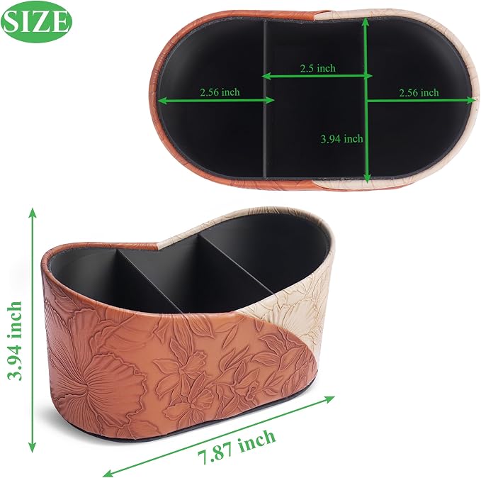 Two Leaves Shaped Leather Art Supply Organizer,Remote Control Holder,Multi-Functional Pencil Holder,3 Compartments Desktop Stationary Organizer(1-Brown)