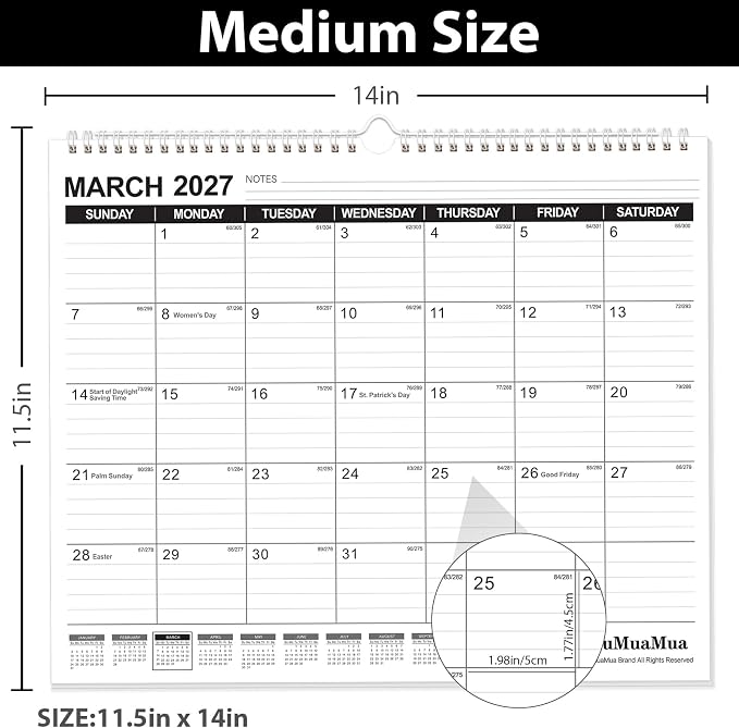 OuMuaMua Wall Calendar 2026, Calendar Wall 2026-2027, Jun. 2026 to Dec. 2027, 14" X 11.5" 19-Month Paper Hanging Planner Wall with Thick Paper, Ruled Blocks for Office Home Planning & Organizing