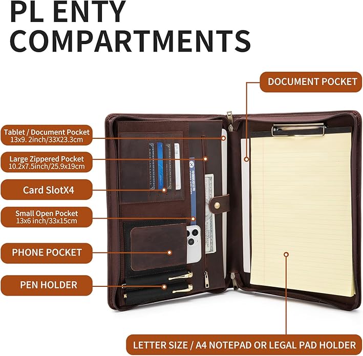 YIWEN Handmade Leather Portfolio with Handle – Zippered Front Pocket, Clip for Letter Size Notepad, Business Travel Padfolio