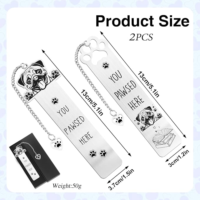 Pug Dog Bookmark Gift - 2PCS Funny Bookmark for Pug Lovers Pet Owners, Cute Dog Mom Book Mark Birthday Gifts for Puppy Lovers Bookworm Women Friends Coworker Men
