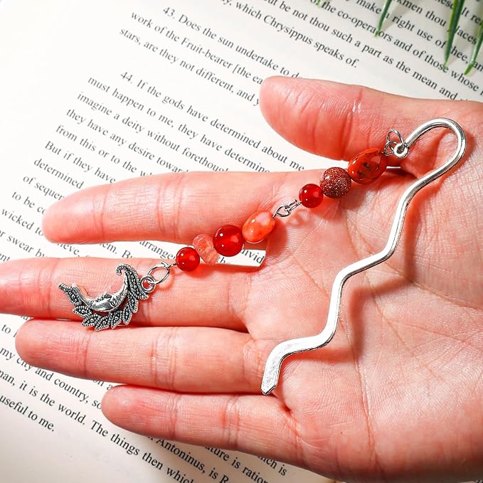 Vintage Metal Moon Bookmark Pendant with Natural Crystal Bead Chain–Elegant Bookmarks for Women,Men,Book Lovers,Teachers and Students(Red Crystal)