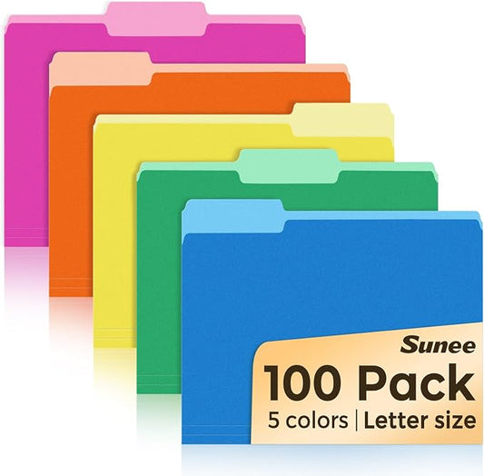 SUNEE File Folders, 100 Pack Manilla Folders 8.5 x 11, Colored File Folders Home Office School Supplies for Documents Files Paper, 5 Assorted Colors