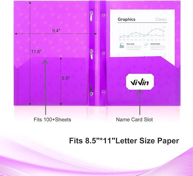 ViVin Plastic Folders with Pockets and Prongs,24 Pack,Heavy Duty 2-Pocket File Folder with 3 Fasteners,Fits Letter Size Paper,for School Home and Office(Bright Purple)
