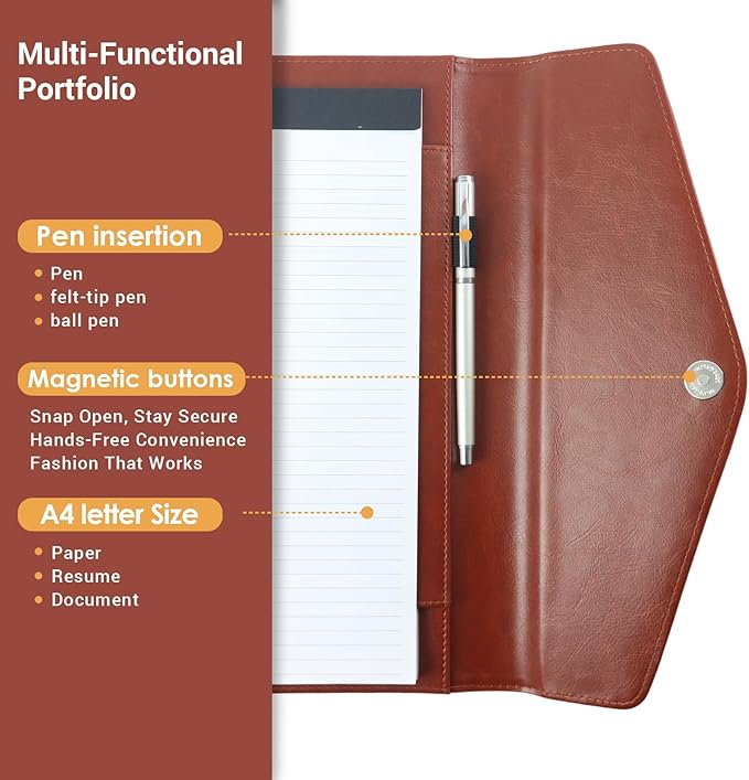 Professional Trifold Padfolio with Magnetic Closure – A4 Letter Portfolio Organizer for Business Meetings, Interviews & Presentations, Document Folder with Notepad Holder Brown