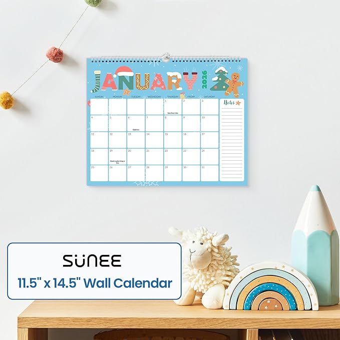 SUNEE 2026 Calendar- 18 Months Oct. 2025 - Mar. 2027, 14.5"x11.5" Big Grid Hanging Calendar 2026 with Note for Organizing & Planning, 2026 Wall Calendar with Note, Cute
