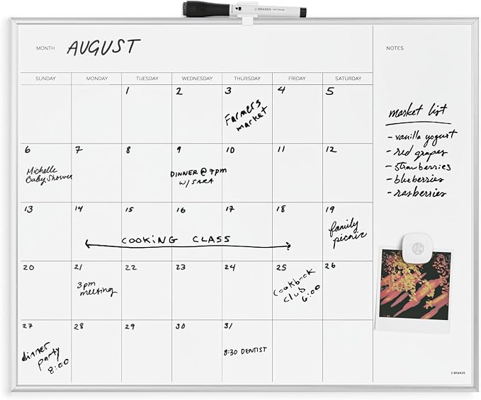 U Brands Magnetic Dry Erase Calendar White Board, 16" x 20", Silver Aluminum Frame, Includes Magnet and Marker
