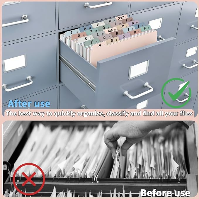 2 Set 50 Pcs Alphabetical File Organizer 12 Color A-Z Top Tab Alphabet File Cabinet Dividers Letter-Size 1/5 Cut Tab File Folder Guide 500 GSM Heavyweight Manila Cardboard for Office Home School Desk