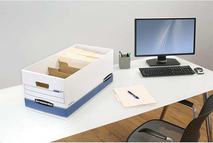 Bankers Box 12 Pack R-Kive DIVIDERBOX Heavy-Duty File Storage Boxes with Dividers, FastFold, Lift-Off Lid, Letter, White/Blue